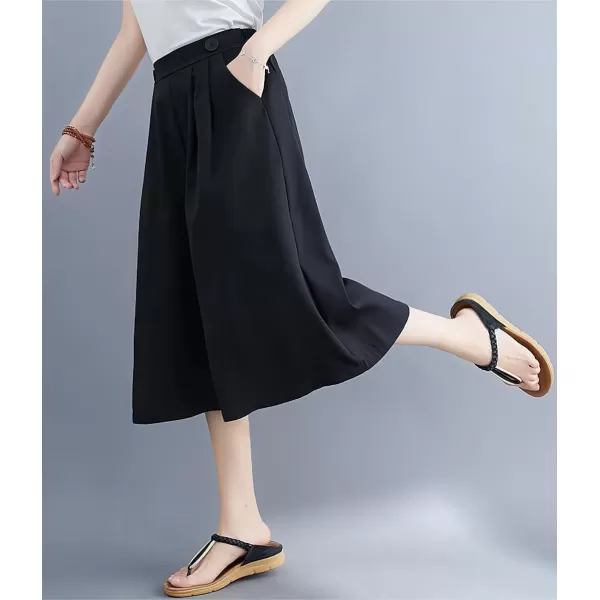 imagechouyatou Womens Summer Casual Chiffon Culottes Capri Pants High Waist Wide Leg Palazzo Pants ShortsBlack