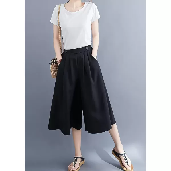 imagechouyatou Womens Summer Casual Chiffon Culottes Capri Pants High Waist Wide Leg Palazzo Pants ShortsBlack