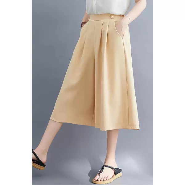 imagechouyatou Womens Summer Casual Chiffon Culottes Capri Pants High Waist Wide Leg Palazzo Pants ShortsLight Khaki