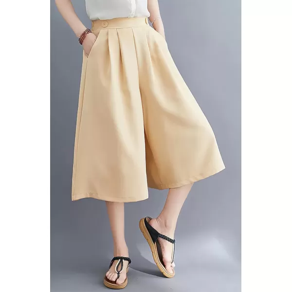 imagechouyatou Womens Summer Casual Chiffon Culottes Capri Pants High Waist Wide Leg Palazzo Pants ShortsLight Khaki