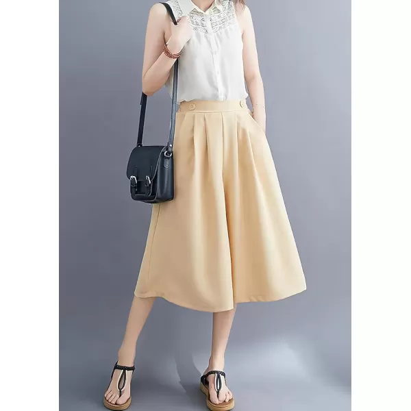imagechouyatou Womens Summer Casual Chiffon Culottes Capri Pants High Waist Wide Leg Palazzo Pants ShortsLight Khaki