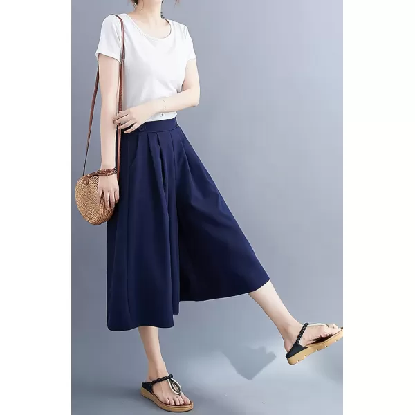 imagechouyatou Womens Summer Casual Chiffon Culottes Capri Pants High Waist Wide Leg Palazzo Pants ShortsNavy Blue