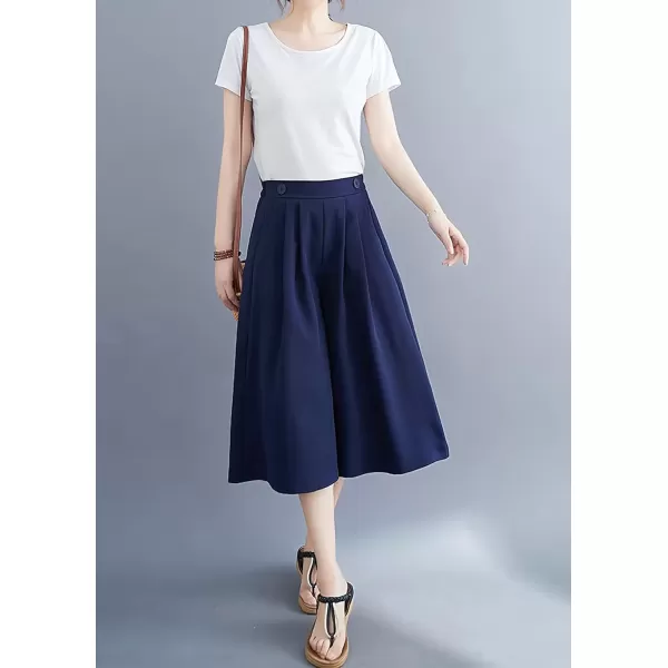 imagechouyatou Womens Summer Casual Chiffon Culottes Capri Pants High Waist Wide Leg Palazzo Pants ShortsNavy Blue