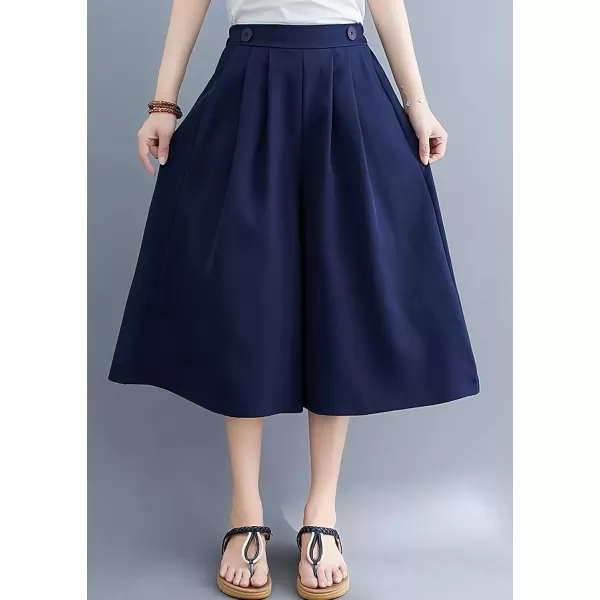 imagechouyatou Womens Summer Casual Chiffon Culottes Capri Pants High Waist Wide Leg Palazzo Pants ShortsNavy Blue