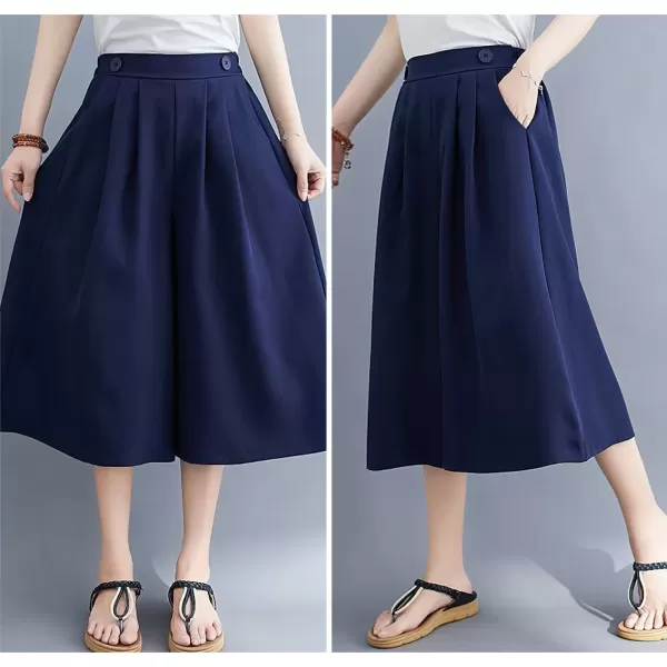 imagechouyatou Womens Summer Casual Chiffon Culottes Capri Pants High Waist Wide Leg Palazzo Pants ShortsNavy Blue