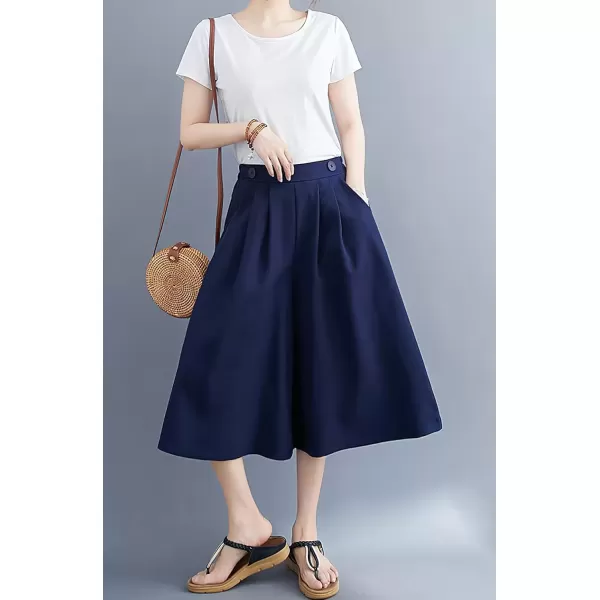 imagechouyatou Womens Summer Casual Chiffon Culottes Capri Pants High Waist Wide Leg Palazzo Pants ShortsNavy Blue