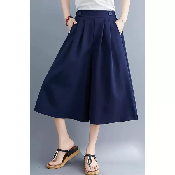 imagechouyatou Womens Summer Casual Chiffon Culottes Capri Pants High Waist Wide Leg Palazzo Pants ShortsNavy Blue
