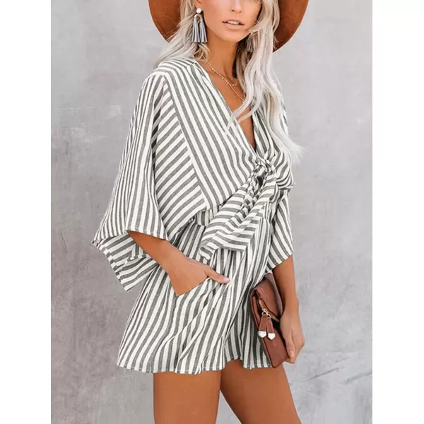 imagechouyatou Womens Summer Tie Front Sexy Rompers Cute V Neck High Waist Wide Leg Short JumpsuitsDark Grey