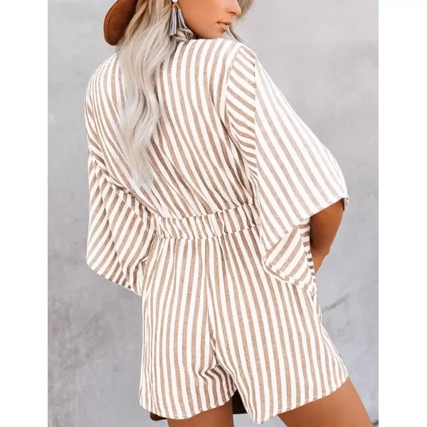 imagechouyatou Womens Summer Tie Front Sexy Rompers Cute V Neck High Waist Wide Leg Short JumpsuitsKhaki