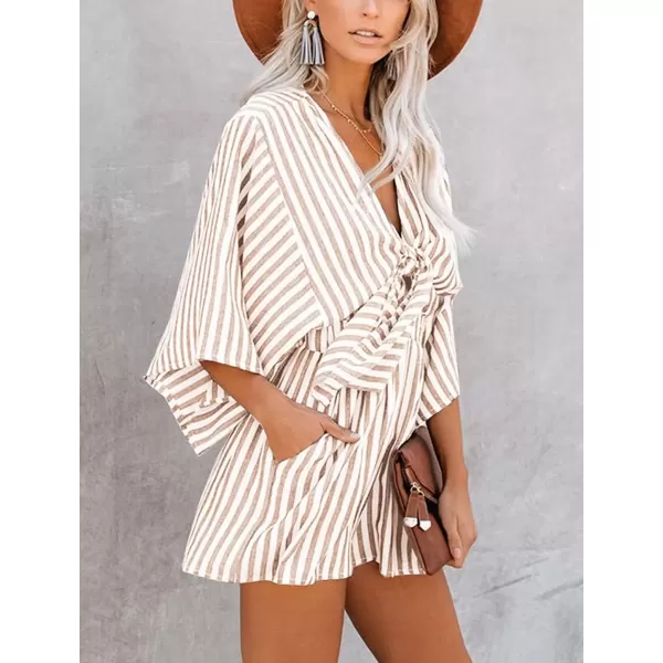 imagechouyatou Womens Summer Tie Front Sexy Rompers Cute V Neck High Waist Wide Leg Short JumpsuitsKhaki