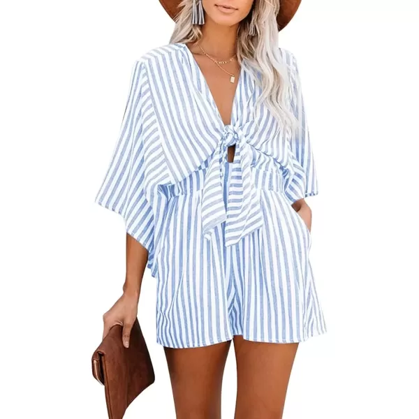 imagechouyatou Womens Summer Tie Front Sexy Rompers Cute V Neck High Waist Wide Leg Short JumpsuitsLight Blue
