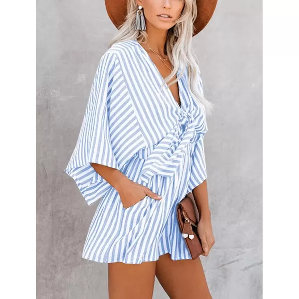 imagechouyatou Womens Summer Tie Front Sexy Rompers Cute V Neck High Waist Wide Leg Short JumpsuitsLight Blue