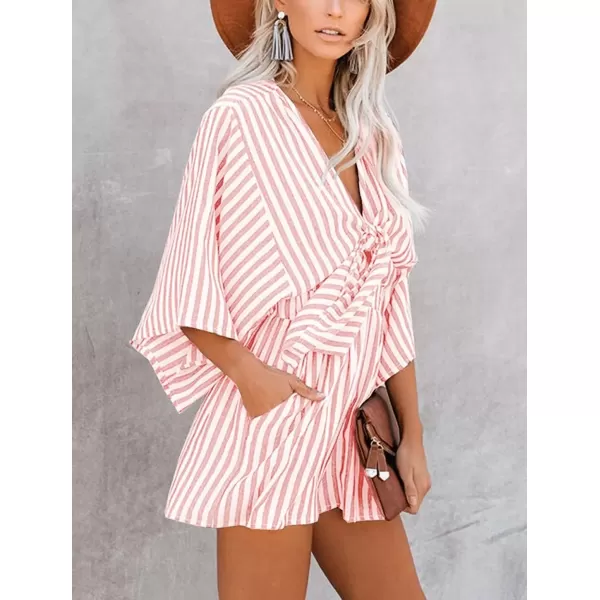 imagechouyatou Womens Summer Tie Front Sexy Rompers Cute V Neck High Waist Wide Leg Short JumpsuitsPink