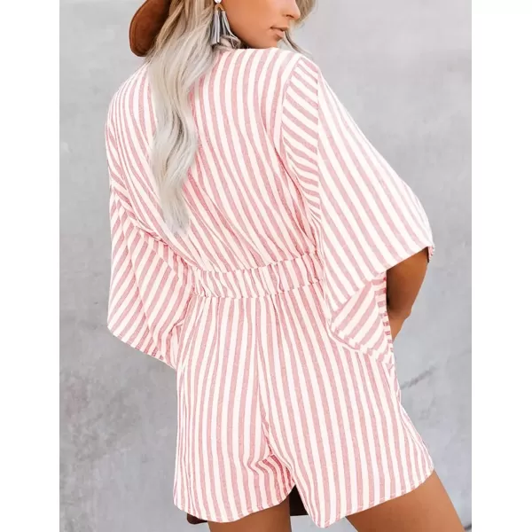 imagechouyatou Womens Summer Tie Front Sexy Rompers Cute V Neck High Waist Wide Leg Short JumpsuitsPink
