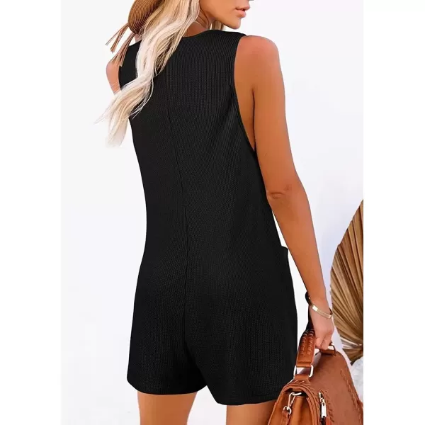 imagechouyatou Womens Summer Waffle Knit Short Rompers Wide Leg Sleeveless Cute Casual Jumpsuits ShortsBlack