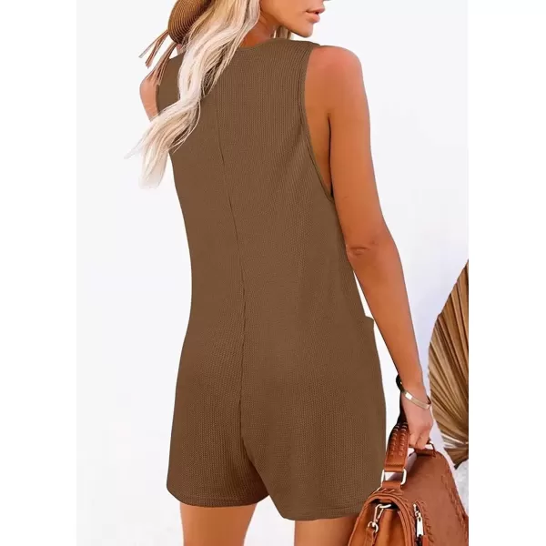 imagechouyatou Womens Summer Waffle Knit Short Rompers Wide Leg Sleeveless Cute Casual Jumpsuits ShortsCoffee