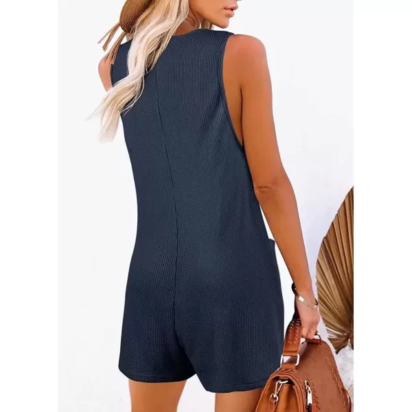 imagechouyatou Womens Summer Waffle Knit Short Rompers Wide Leg Sleeveless Cute Casual Jumpsuits ShortsNavy Blue