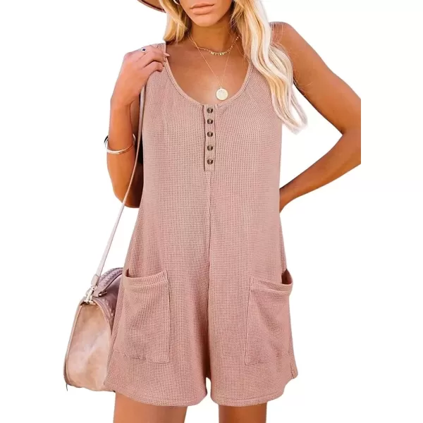 imagechouyatou Womens Summer Waffle Knit Short Rompers Wide Leg Sleeveless Cute Casual Jumpsuits ShortsPink
