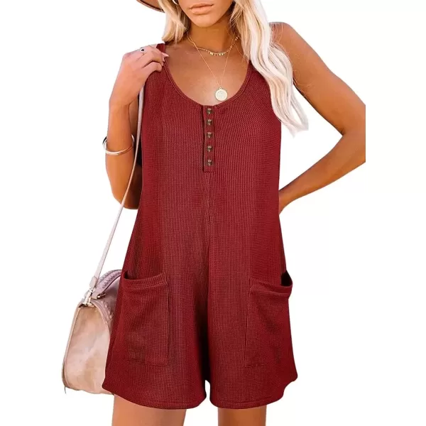 imagechouyatou Womens Summer Waffle Knit Short Rompers Wide Leg Sleeveless Cute Casual Jumpsuits ShortsWine Red