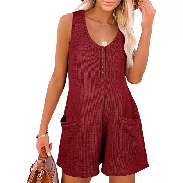 imagechouyatou Womens Summer Waffle Knit Short Rompers Wide Leg Sleeveless Cute Casual Jumpsuits ShortsWine Red