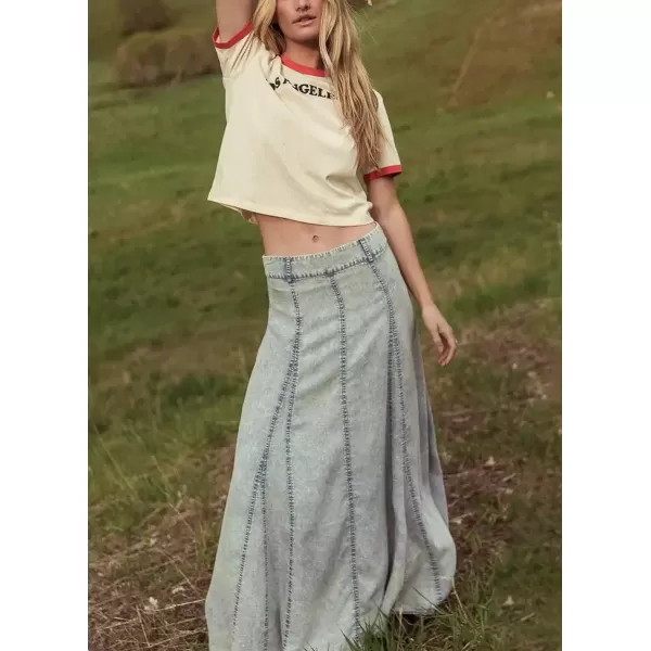 imagechouyatou Womens Vintage Washed ALine Maxi Denim Skirt Casual Low Waist Swing Long Jean SkirtBluish Grey
