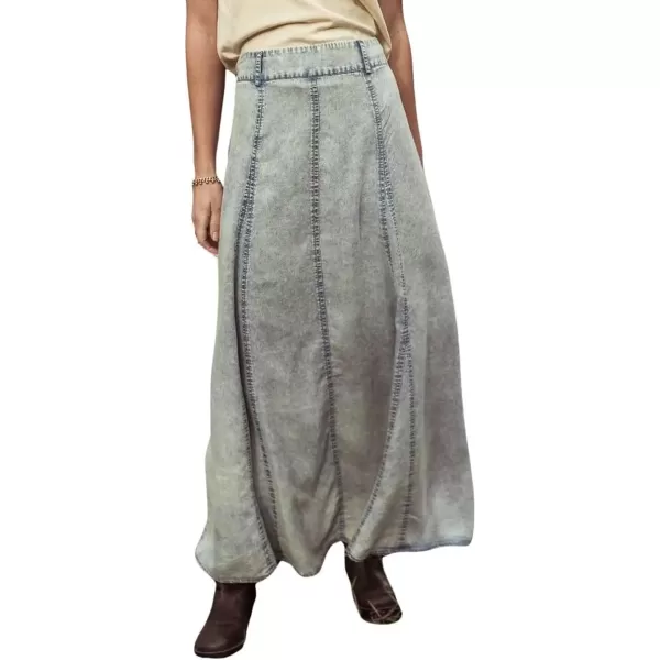 imagechouyatou Womens Vintage Washed ALine Maxi Denim Skirt Casual Low Waist Swing Long Jean SkirtBluish Grey