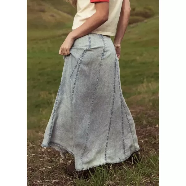 imagechouyatou Womens Vintage Washed ALine Maxi Denim Skirt Casual Low Waist Swing Long Jean SkirtBluish Grey