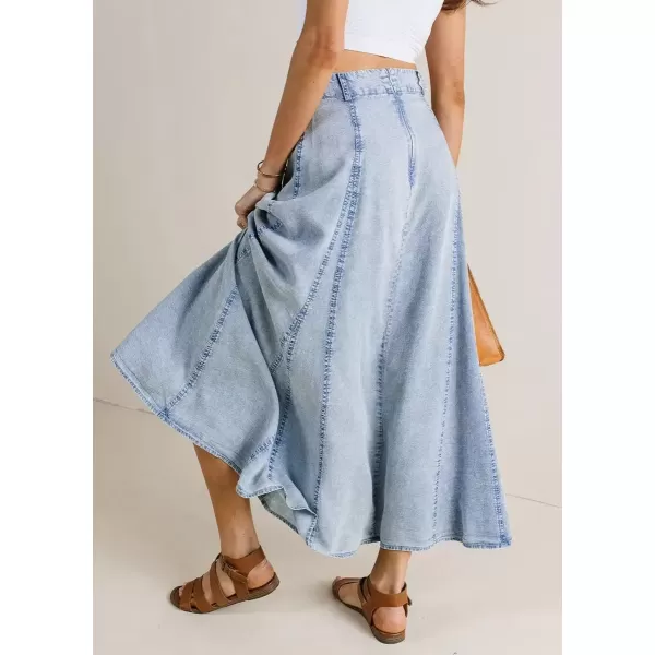 imagechouyatou Womens Vintage Washed ALine Maxi Denim Skirt Casual Low Waist Swing Long Jean SkirtLight Blue