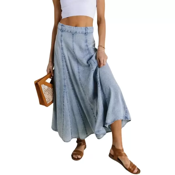 imagechouyatou Womens Vintage Washed ALine Maxi Denim Skirt Casual Low Waist Swing Long Jean SkirtLight Blue