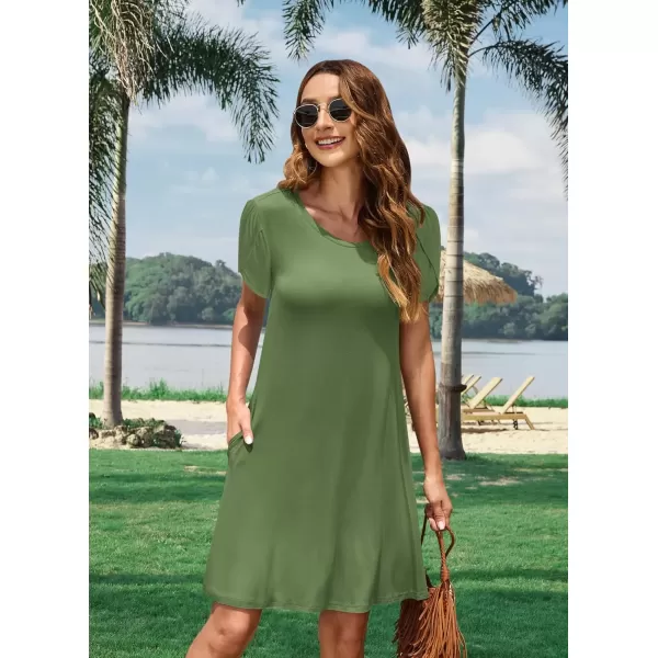 imageMOLERANI Summer Dresses for Women 2024 Casual T Shirt Crewneck Petal Sleeve Swing Vacation Dress with PocketsArmy Green