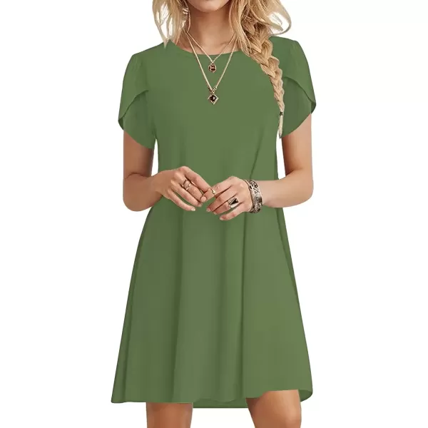 imageMOLERANI Summer Dresses for Women 2024 Casual T Shirt Crewneck Petal Sleeve Swing Vacation Dress with PocketsArmy Green