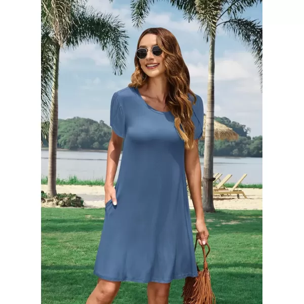 imageMOLERANI Summer Dresses for Women 2024 Casual T Shirt Crewneck Petal Sleeve Swing Vacation Dress with PocketsBeja Blue