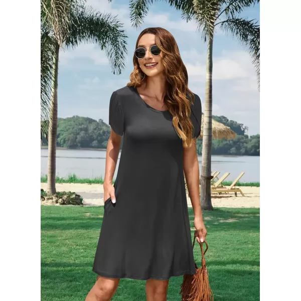 imageMOLERANI Summer Dresses for Women 2024 Casual T Shirt Crewneck Petal Sleeve Swing Vacation Dress with PocketsBlack