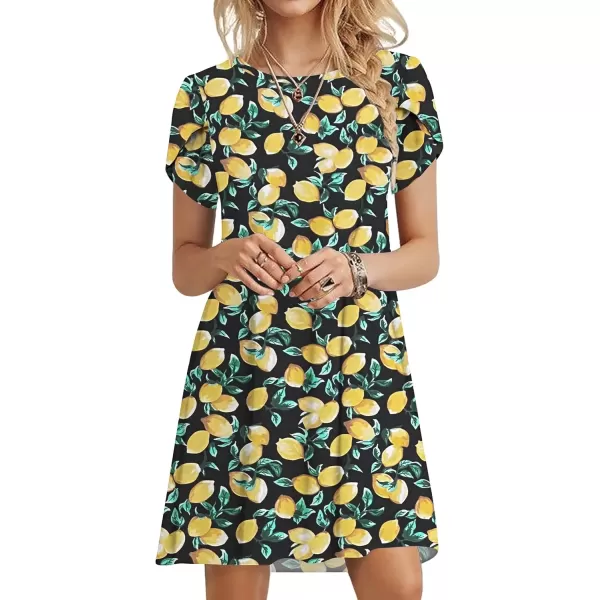 imageMOLERANI Summer Dresses for Women 2024 Casual T Shirt Crewneck Petal Sleeve Swing Vacation Dress with PocketsBlack Lemon