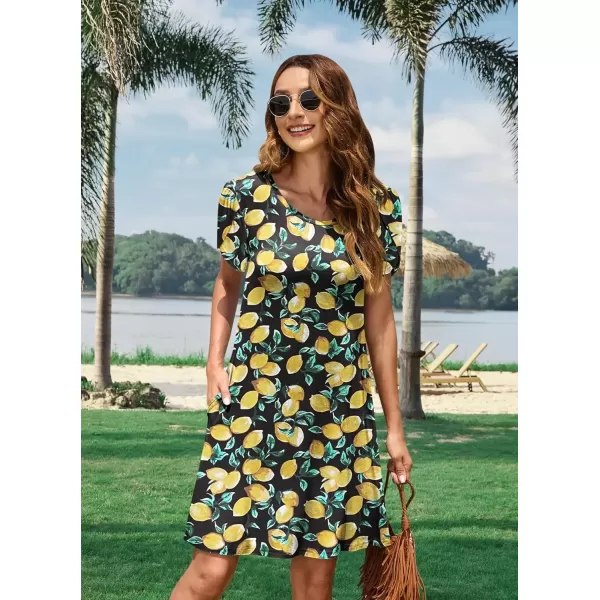 imageMOLERANI Summer Dresses for Women 2024 Casual T Shirt Crewneck Petal Sleeve Swing Vacation Dress with PocketsBlack Lemon
