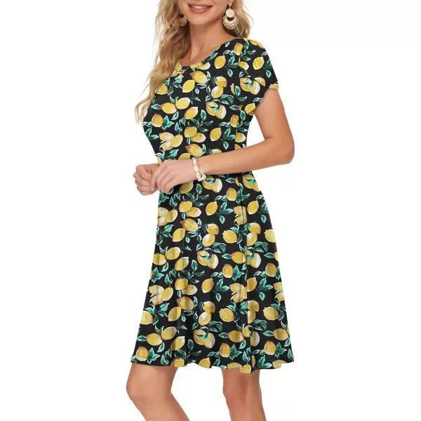 imageMOLERANI Summer Dresses for Women 2024 Casual T Shirt Crewneck Petal Sleeve Swing Vacation Dress with PocketsBlack Lemon