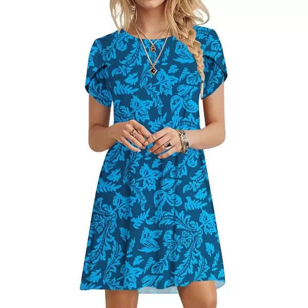 imageMOLERANI Summer Dresses for Women 2024 Casual T Shirt Crewneck Petal Sleeve Swing Vacation Dress with PocketsBlue Leaf Silhouette
