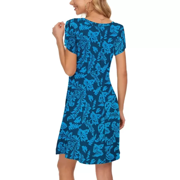 imageMOLERANI Summer Dresses for Women 2024 Casual T Shirt Crewneck Petal Sleeve Swing Vacation Dress with PocketsBlue Leaf Silhouette