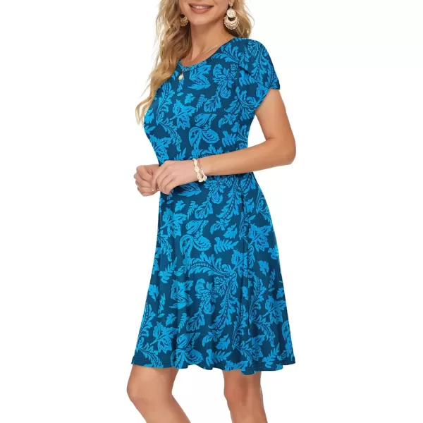 imageMOLERANI Summer Dresses for Women 2024 Casual T Shirt Crewneck Petal Sleeve Swing Vacation Dress with PocketsBlue Leaf Silhouette