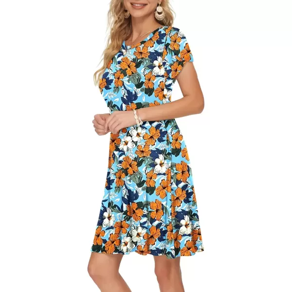 imageMOLERANI Summer Dresses for Women 2024 Casual T Shirt Crewneck Petal Sleeve Swing Vacation Dress with PocketsBlue Morning Glory