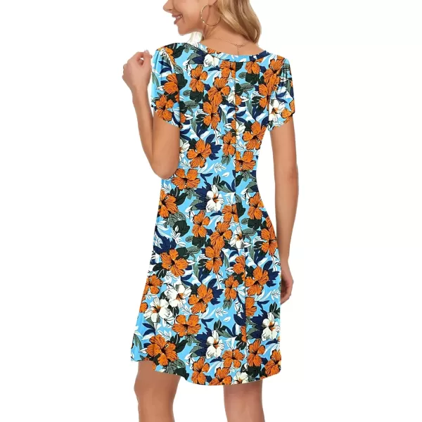 imageMOLERANI Summer Dresses for Women 2024 Casual T Shirt Crewneck Petal Sleeve Swing Vacation Dress with PocketsBlue Morning Glory