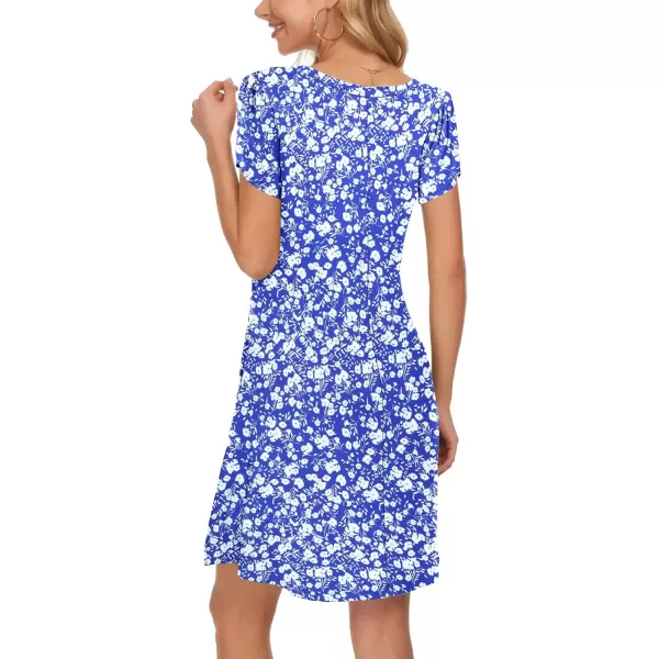 imageMOLERANI Summer Dresses for Women 2024 Casual T Shirt Crewneck Petal Sleeve Swing Vacation Dress with PocketsBlue White Flower
