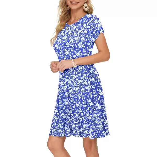 imageMOLERANI Summer Dresses for Women 2024 Casual T Shirt Crewneck Petal Sleeve Swing Vacation Dress with PocketsBlue White Flower