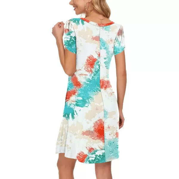 imageMOLERANI Summer Dresses for Women 2024 Casual T Shirt Crewneck Petal Sleeve Swing Vacation Dress with PocketsDyed Green Apricot