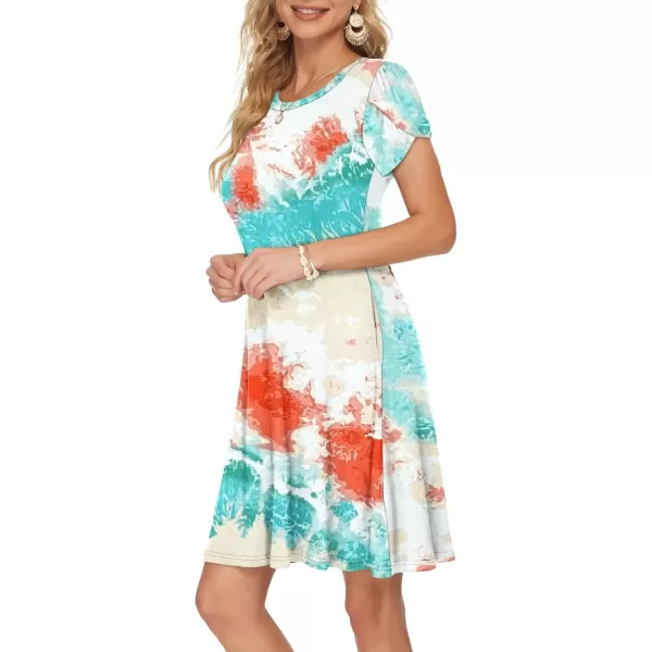 imageMOLERANI Summer Dresses for Women 2024 Casual T Shirt Crewneck Petal Sleeve Swing Vacation Dress with PocketsDyed Green Apricot
