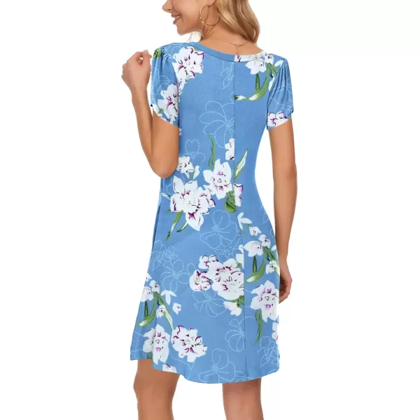 imageMOLERANI Summer Dresses for Women 2024 Casual T Shirt Crewneck Petal Sleeve Swing Vacation Dress with PocketsFloral Light Blue