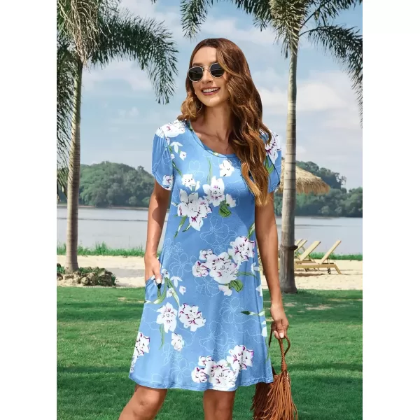 imageMOLERANI Summer Dresses for Women 2024 Casual T Shirt Crewneck Petal Sleeve Swing Vacation Dress with PocketsFloral Light Blue