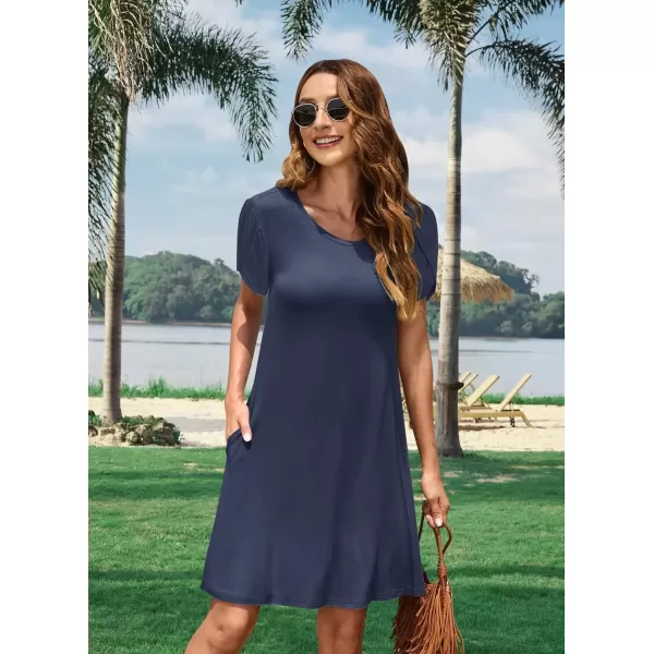 imageMOLERANI Summer Dresses for Women 2024 Casual T Shirt Crewneck Petal Sleeve Swing Vacation Dress with PocketsNavy Blue