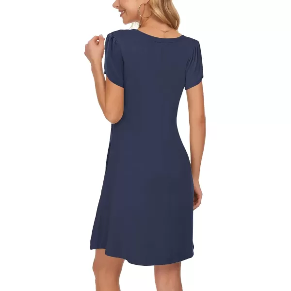 imageMOLERANI Summer Dresses for Women 2024 Casual T Shirt Crewneck Petal Sleeve Swing Vacation Dress with PocketsNavy Blue