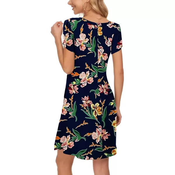 imageMOLERANI Summer Dresses for Women 2024 Casual T Shirt Crewneck Petal Sleeve Swing Vacation Dress with PocketsNavy Blue Pink Iris